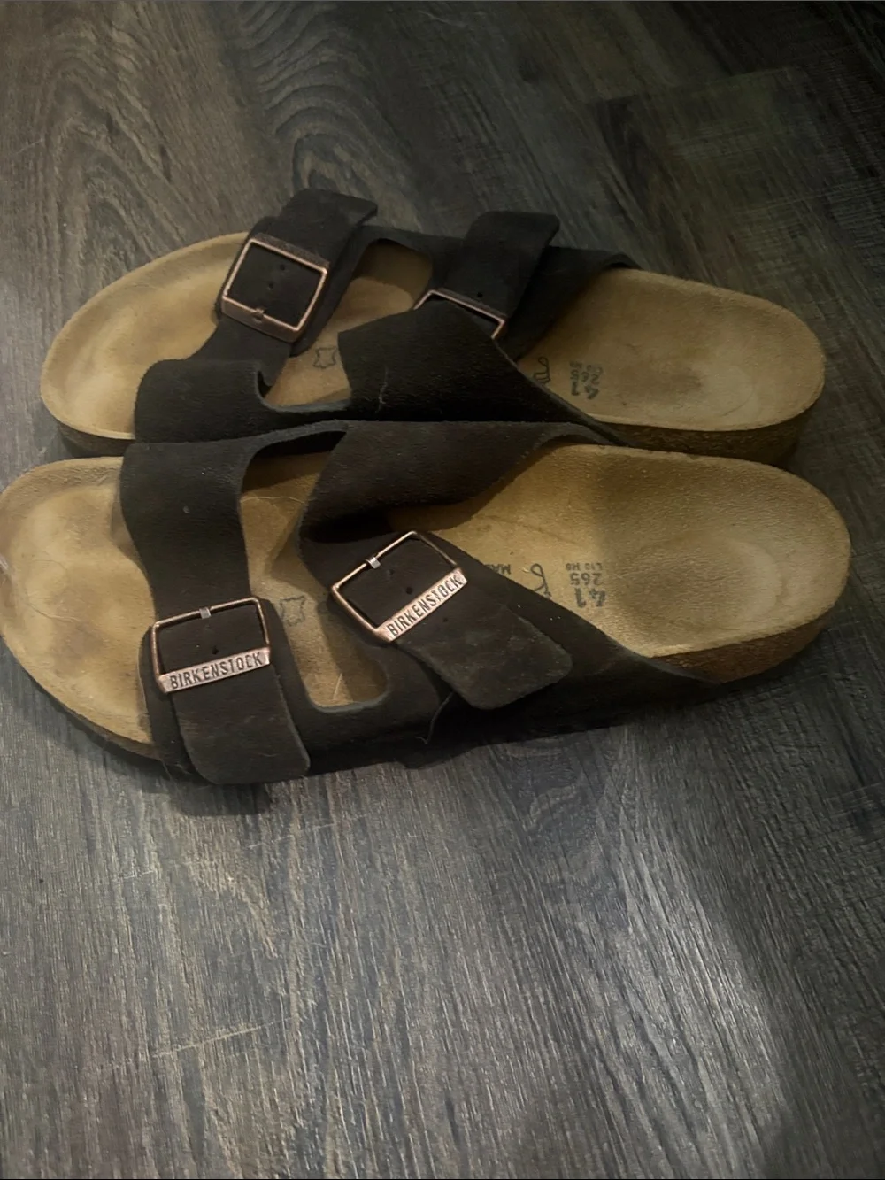 Birkenstock Black Double-Strap Suede Sandals with Rosegold Buckles